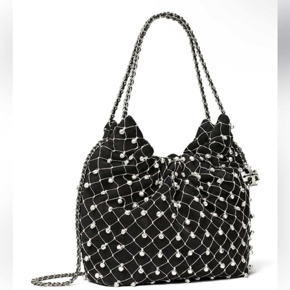 Tory Burch Fleming Mini Bell Embellished Suede Crossbody Bag